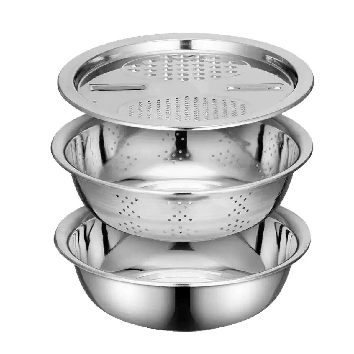 Kitchen Gadgets Vegetable Chopper - ชุดเครื่องหั่นผักอเนกประสงค์ 3 ชิ้น/ชุด ทำจากสแตนเลส พร้อมอ่างล้างและตะกร้ากรองน้ำ เครื่องสับอาหารสำหรับทำอาหารที่บ้าน
