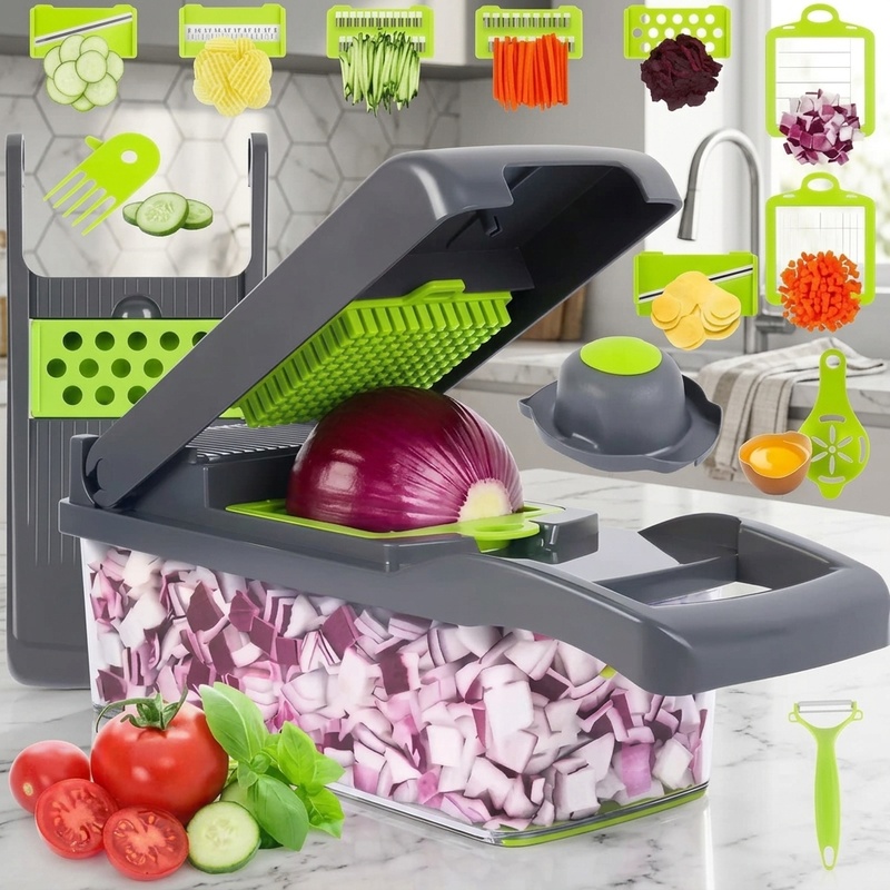 Kitchen Gadgets Vegetable Chopper - เครื่องสับผักอเนกประสงค์ 16-in-1 พร้อมใบมีด 8 ชิ้น ใช้สำหรับสับ